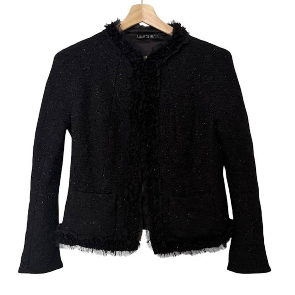 Lafayette 148 Black Glitter Tweed Ruffle Open Front Blazer Jacket Womens 8 (est)